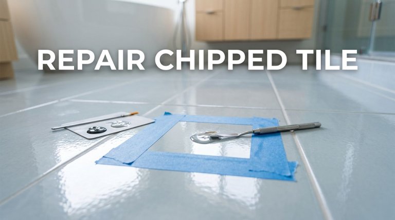 A chipped floor tile being filled with color-matched epoxy beside repair tools.