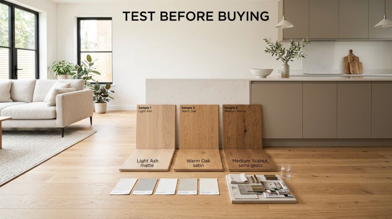 Three flooring samples are arranged beside hardwood flooring in a bright open-plan room.