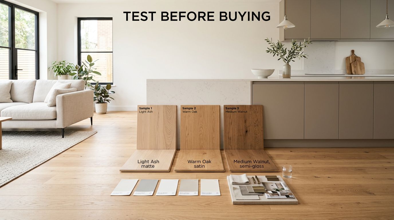 Three flooring samples are arranged beside hardwood flooring in a bright open-plan room.
