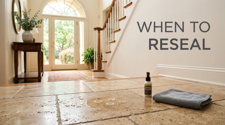 Sunlit foyer with stone flooring, a water-drop test, sealer applicator, and microfiber cloth.