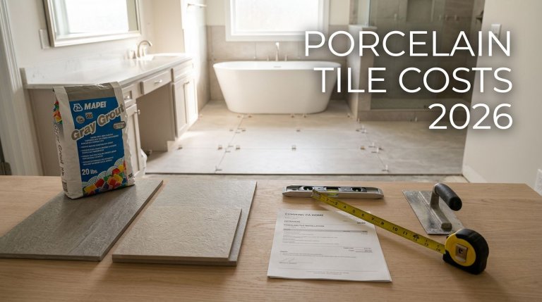 Porcelain tiles, grout, measuring tape, and an estimate arranged in a bright modern bathroom.