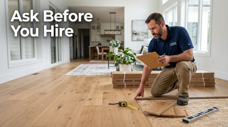A flooring contractor inspects subfloor beside oak planks and flooring samples.