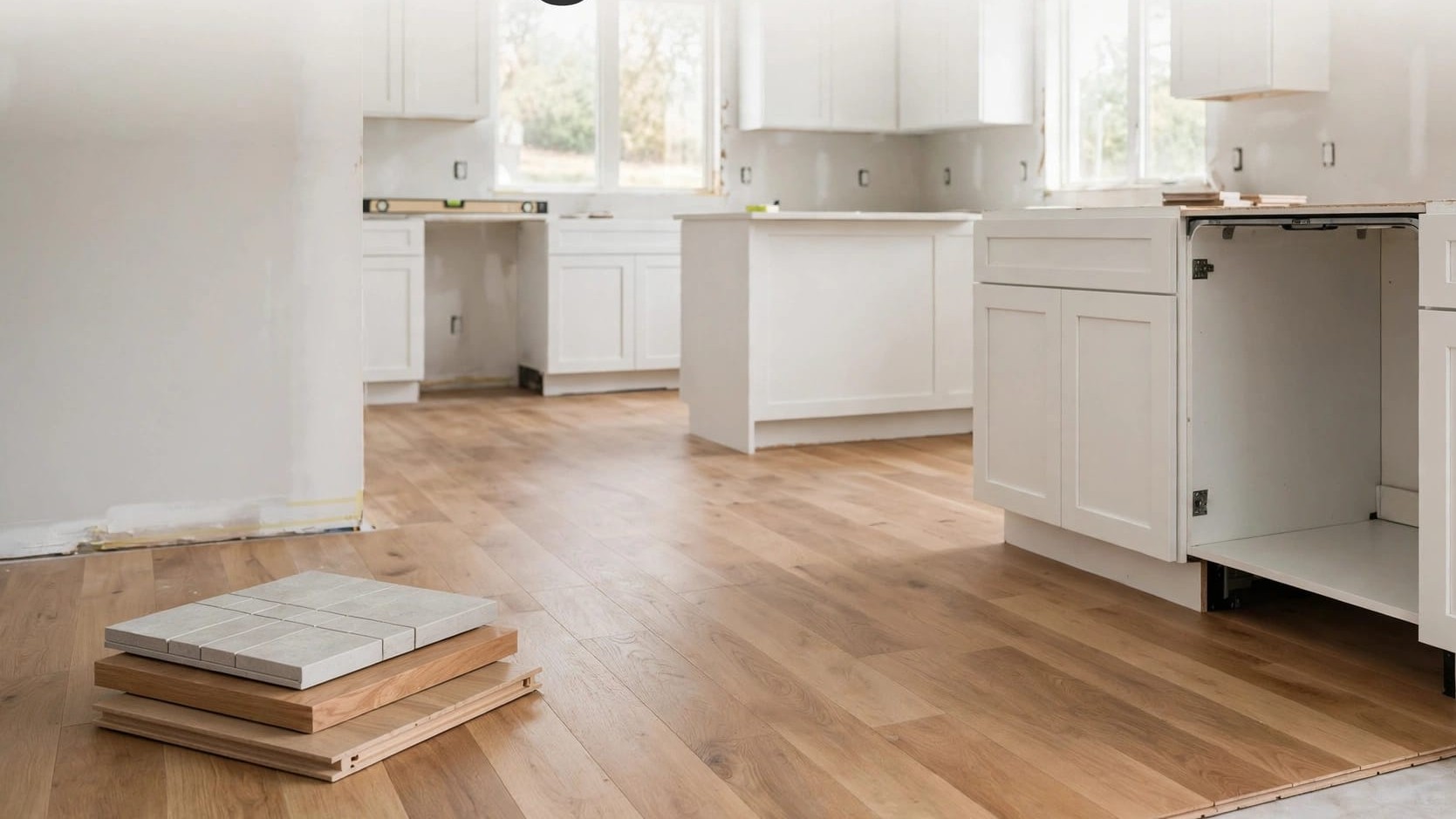 Hardwood flooring running up to and beneath white kitchen cabinet bases, with flooring samples stacked on the floor mid-installation.
