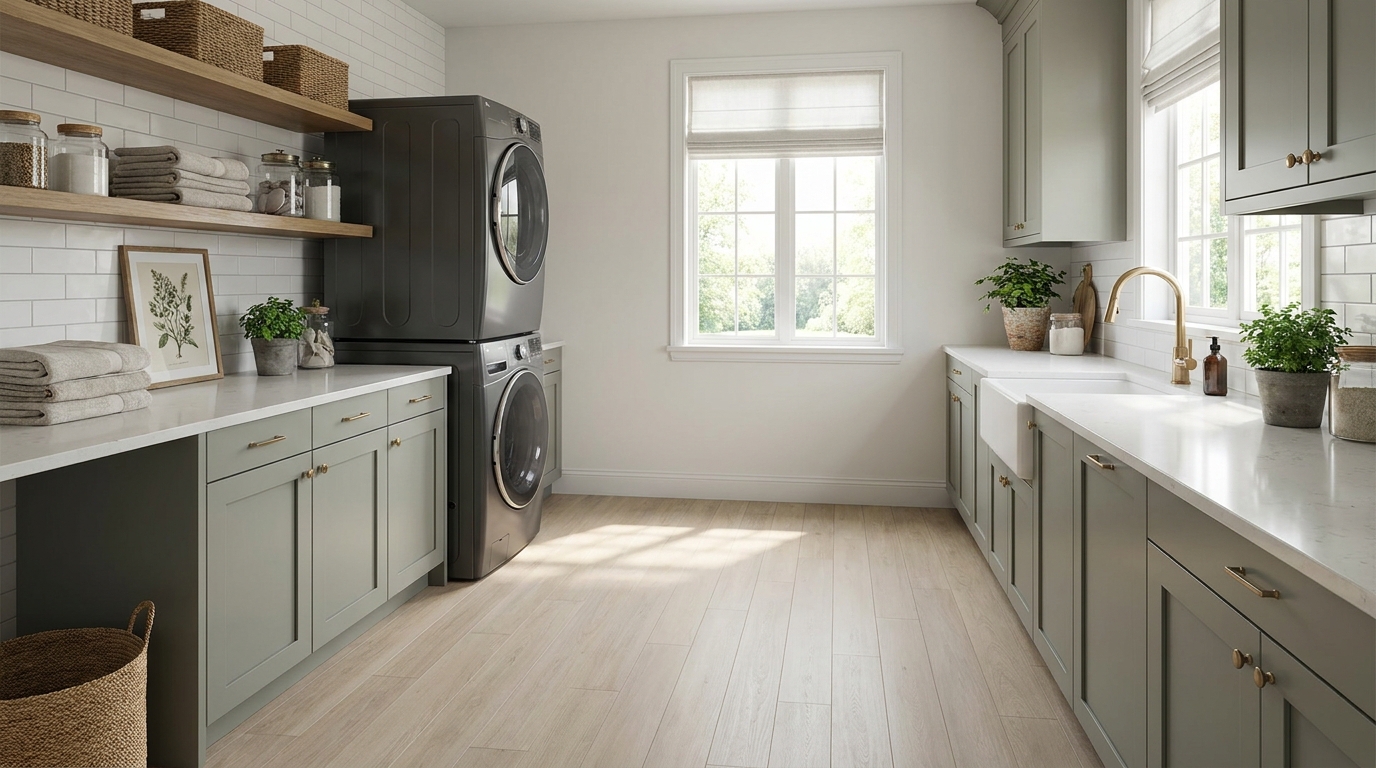 Laundry room floor near a washing machine, finished in matte wood-look flooring
