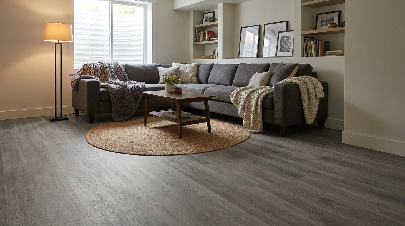 Basement floor finished in luxury vinyl plank, an option after subfloor water damage