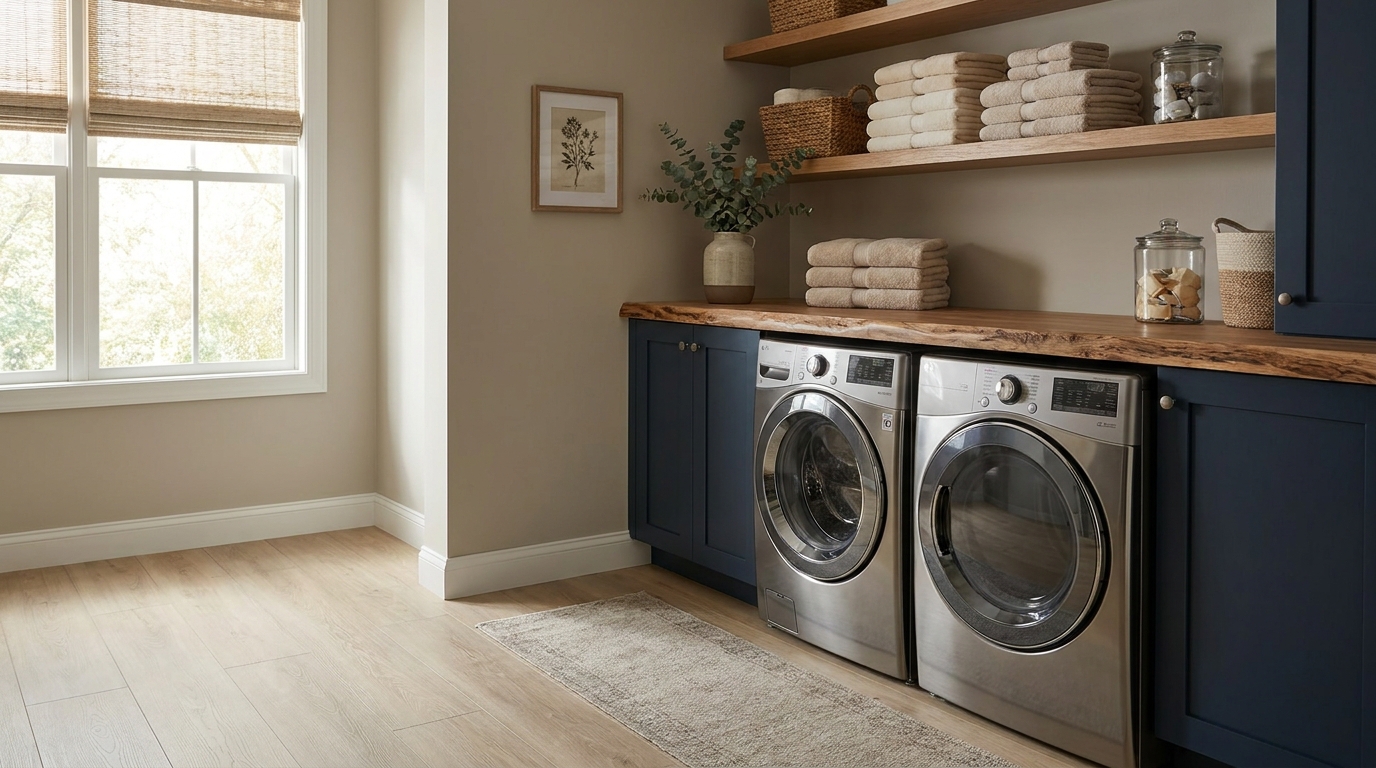 A warm, elegant laundry room with matte white oak-look flooring, a front-load washer and dryer under a wood countertop, folde
