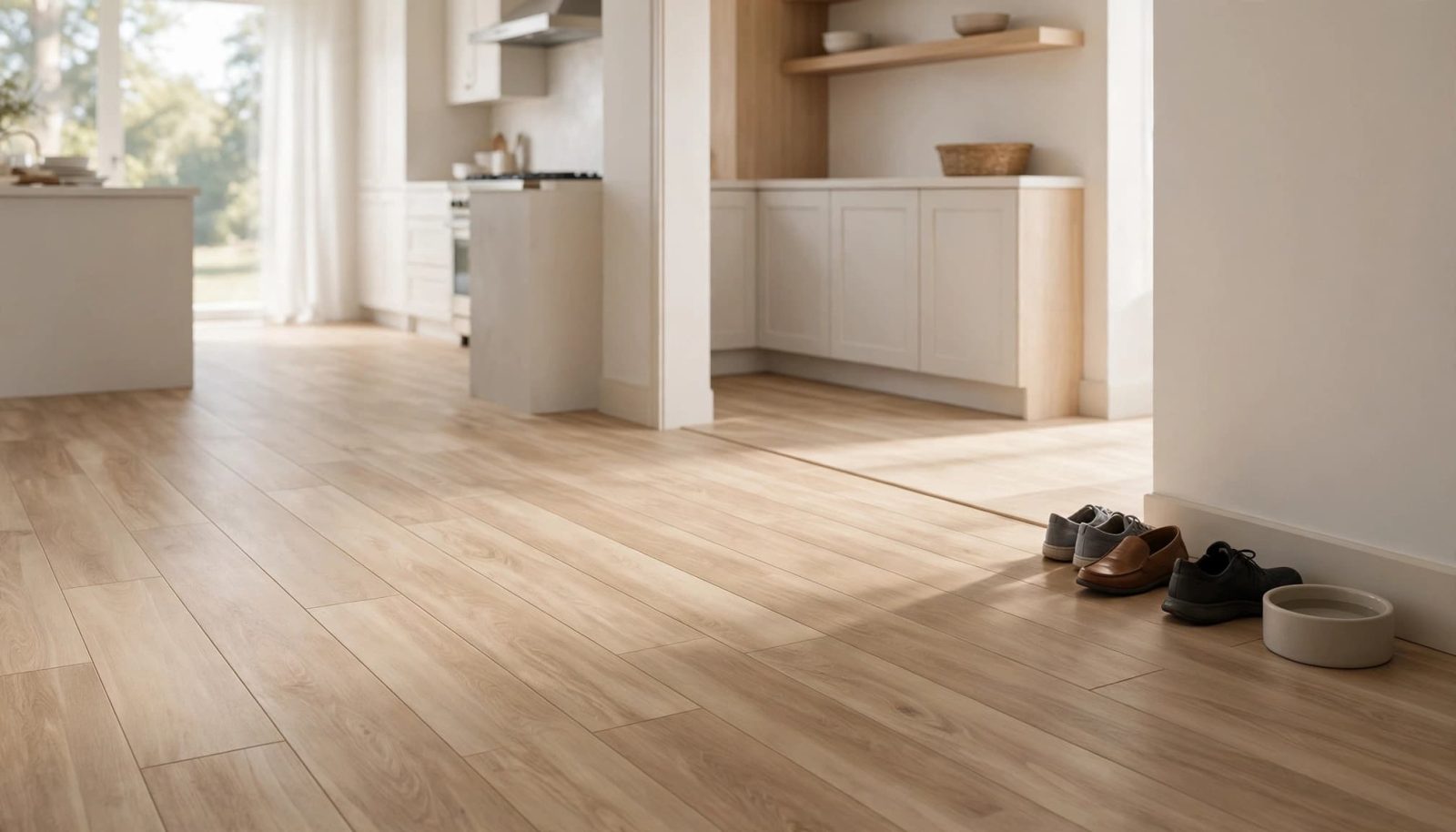 Bright entryway with oak-look flooring, shoes, and a pet bowl near the wall.