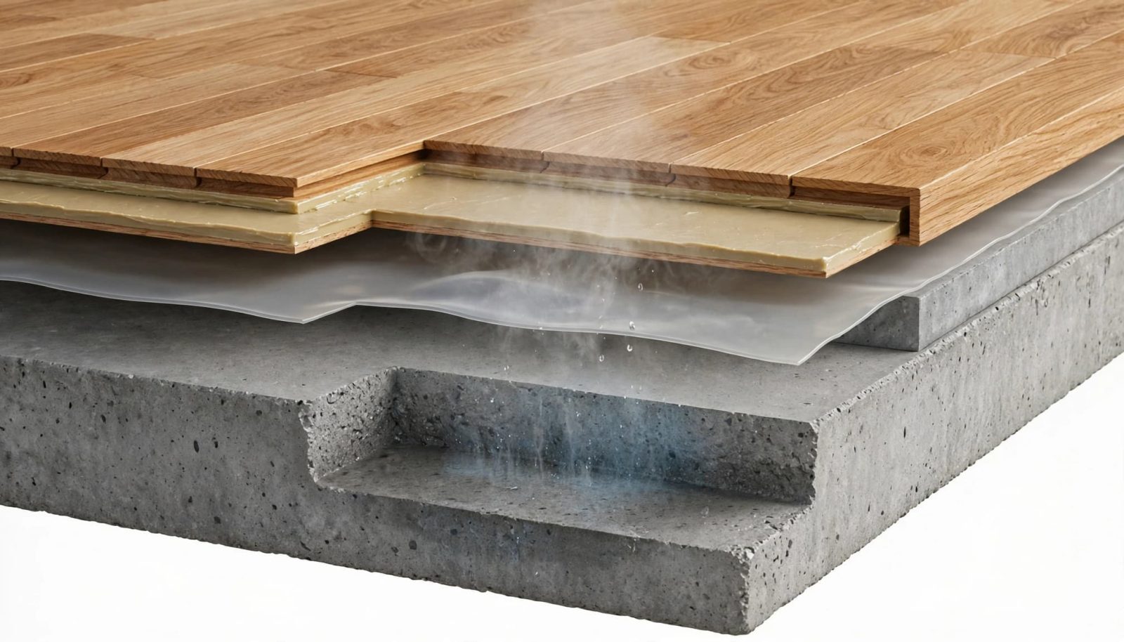 Cutaway view of oak flooring layered over a concrete slab with moisture rising.