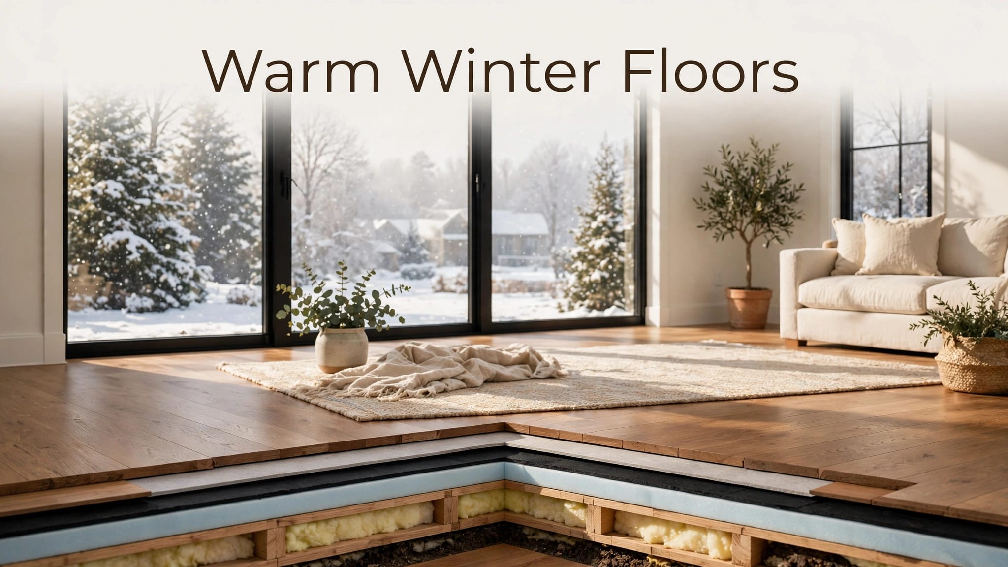 Warm wood flooring, a rug, snowy window, and an insulation cutaway in a bright home.