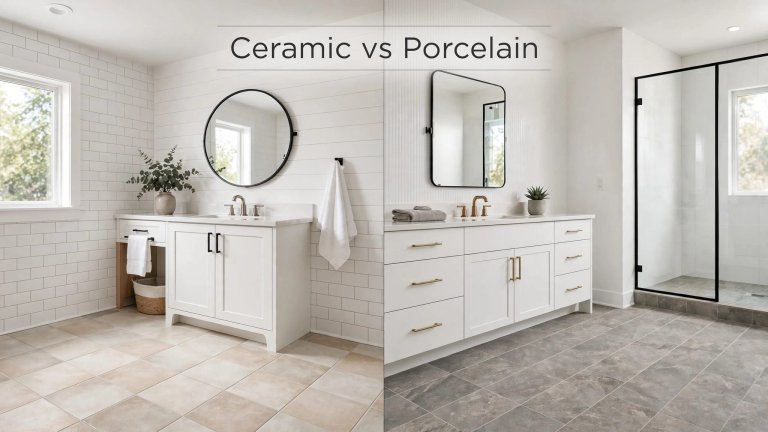 Split bathroom showing ceramic tile on the left and porcelain tile on the right.