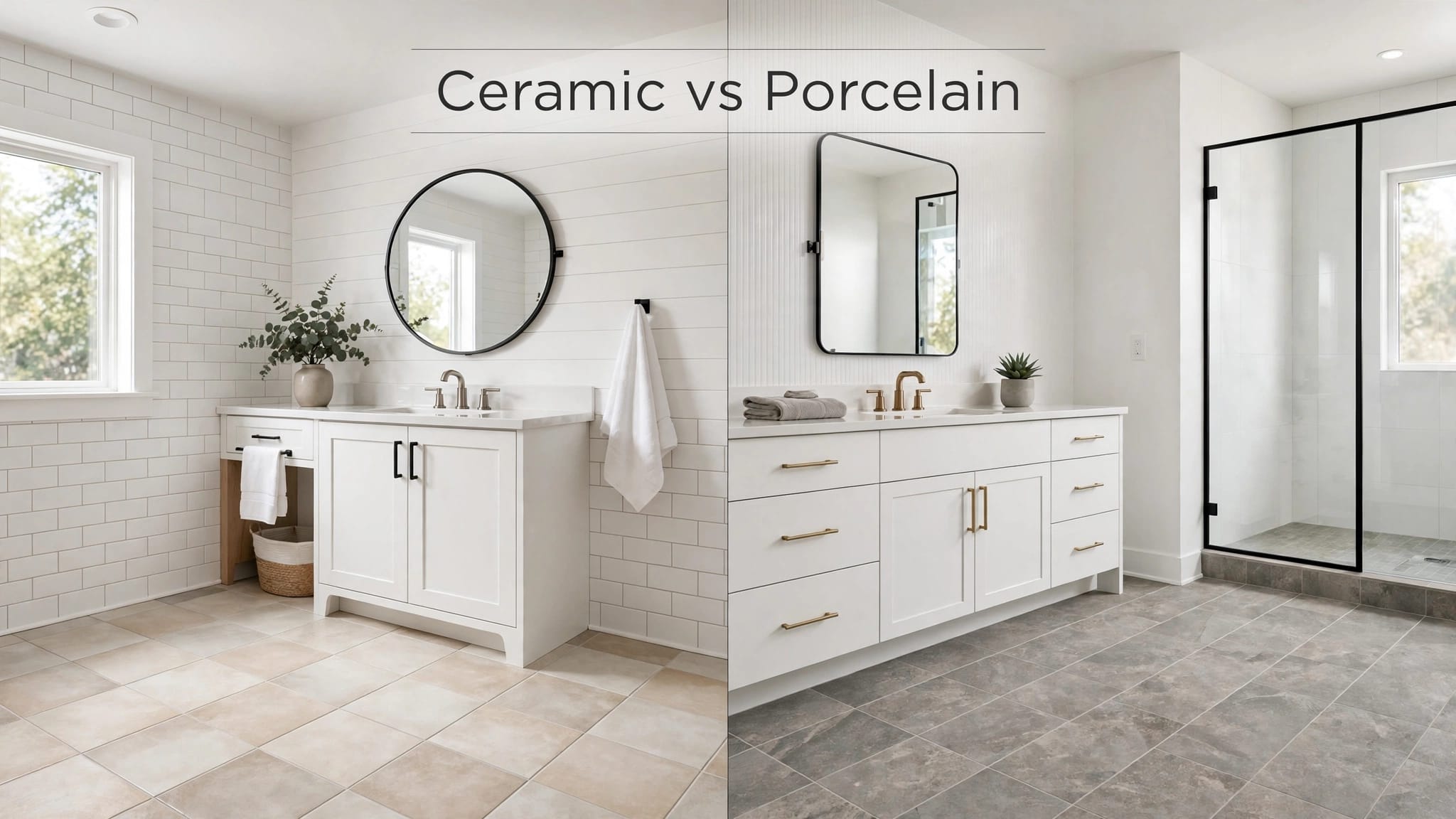 Split bathroom showing ceramic tile on the left and porcelain tile on the right.
