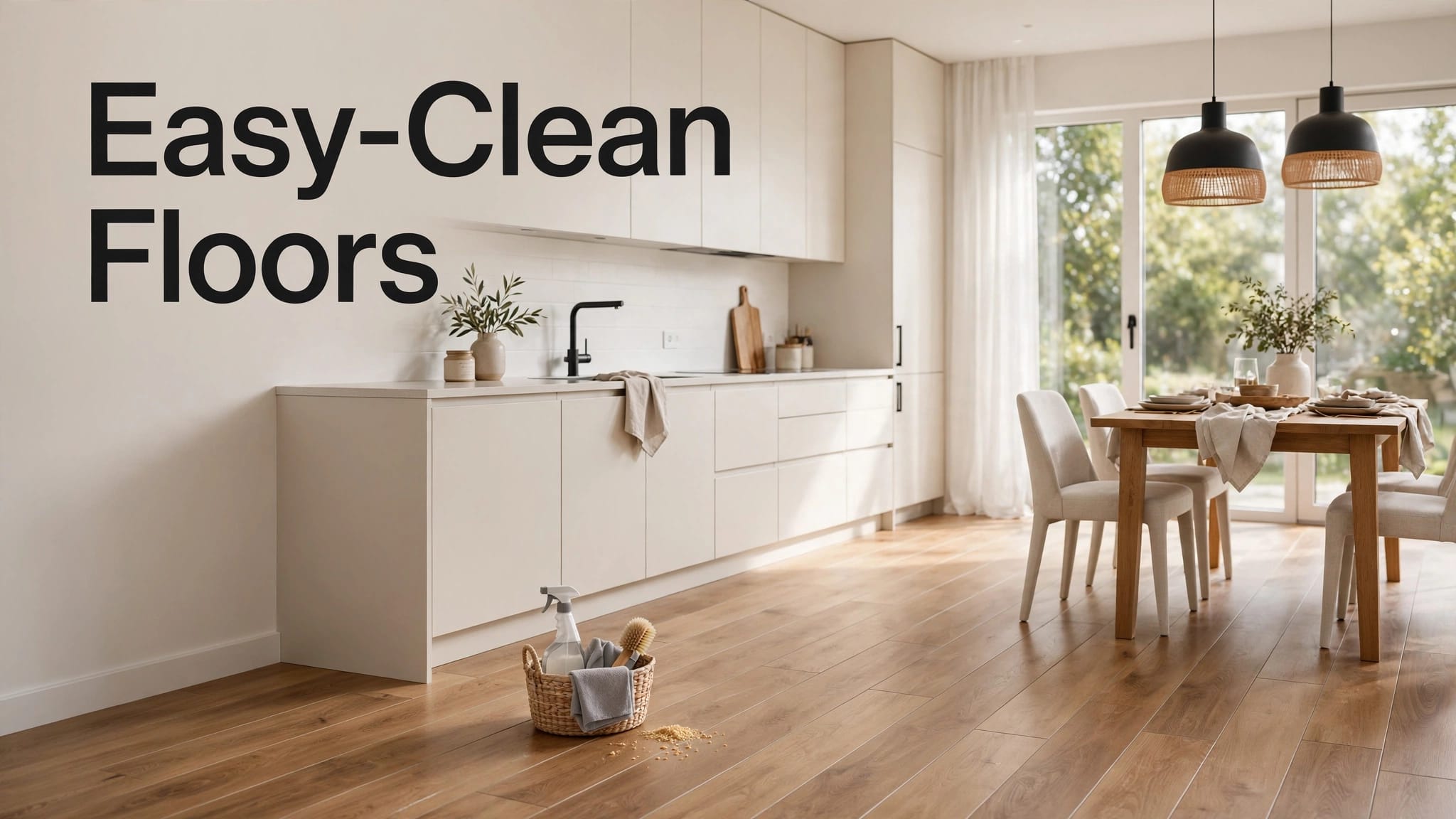 Bright family kitchen with wide-plank flooring, cleaning supplies, and a seamless dining area transition.