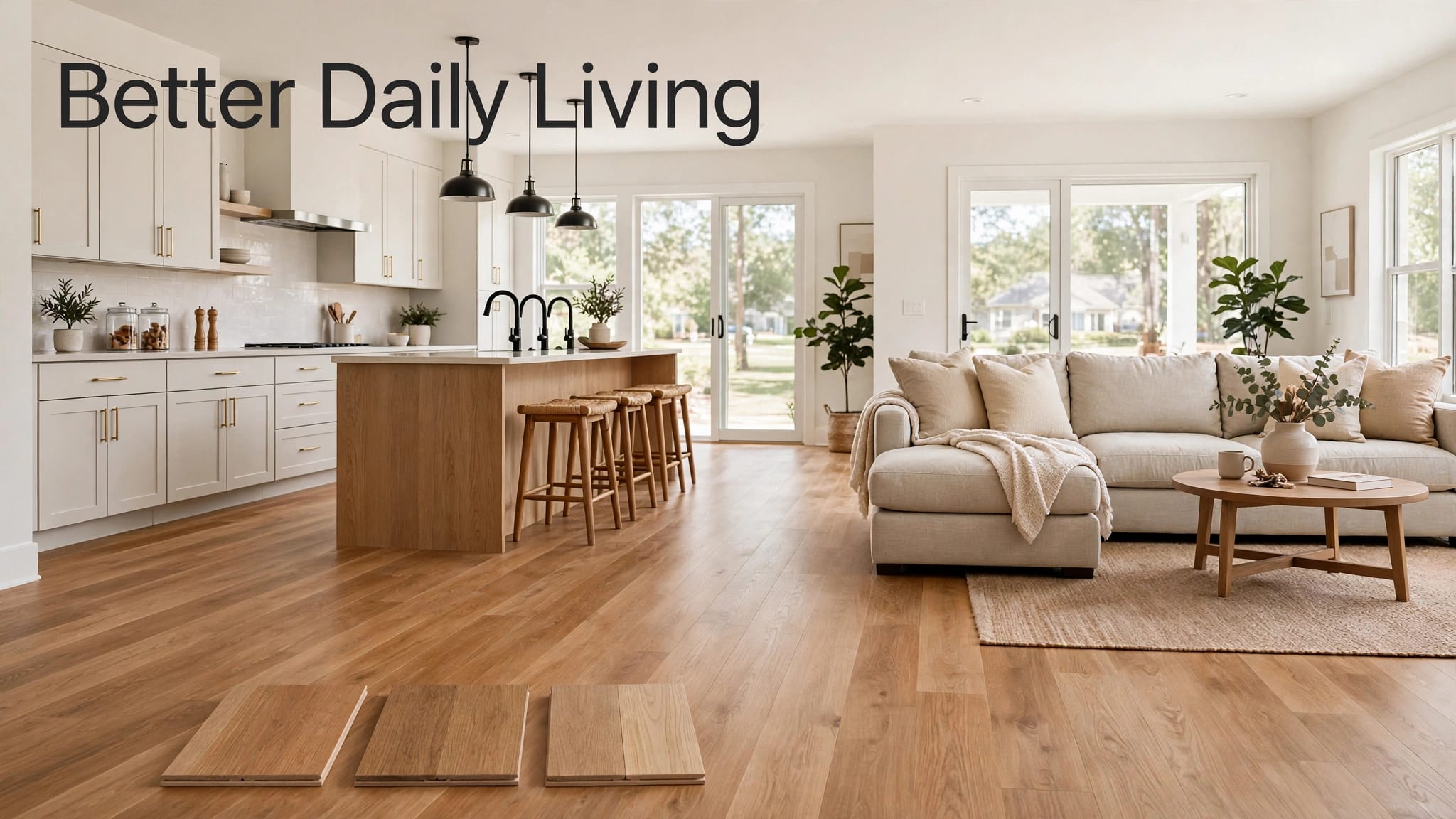Warm oak floors connect a bright kitchen and living room with comfortable furniture and sample boards.