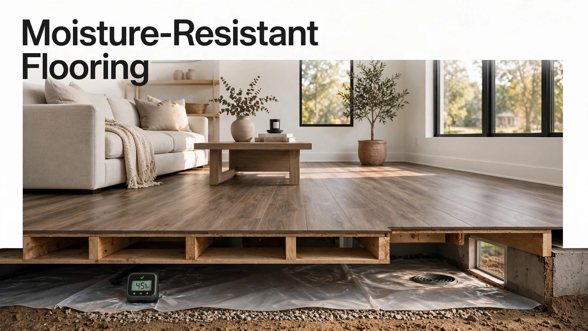 Waterproof flooring above a dry, ventilated crawl space with a moisture meter.