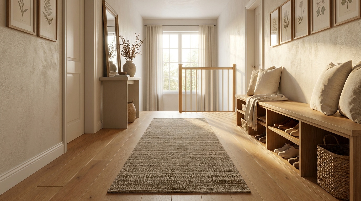 Honey-toned matte hardwood flooring in an upstairs hallway with a runner rug and storage bench
