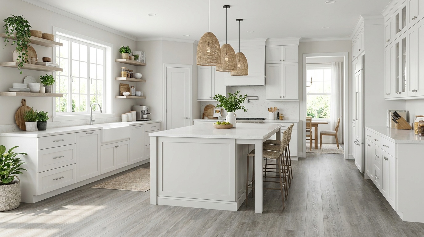 Wood-look LVP flooring in a finished kitchen with white shaker cabinets and a farmhouse sink