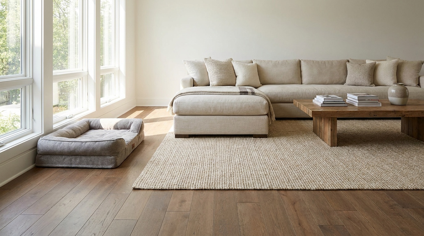 A furnished family room with medium-toned matte hardwood floors, a large sectional sofa, a woven area rug, and a dog bed near