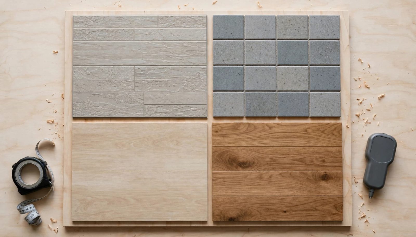 Four flooring samples arranged on a workbench beside a tape measure and moisture meter.