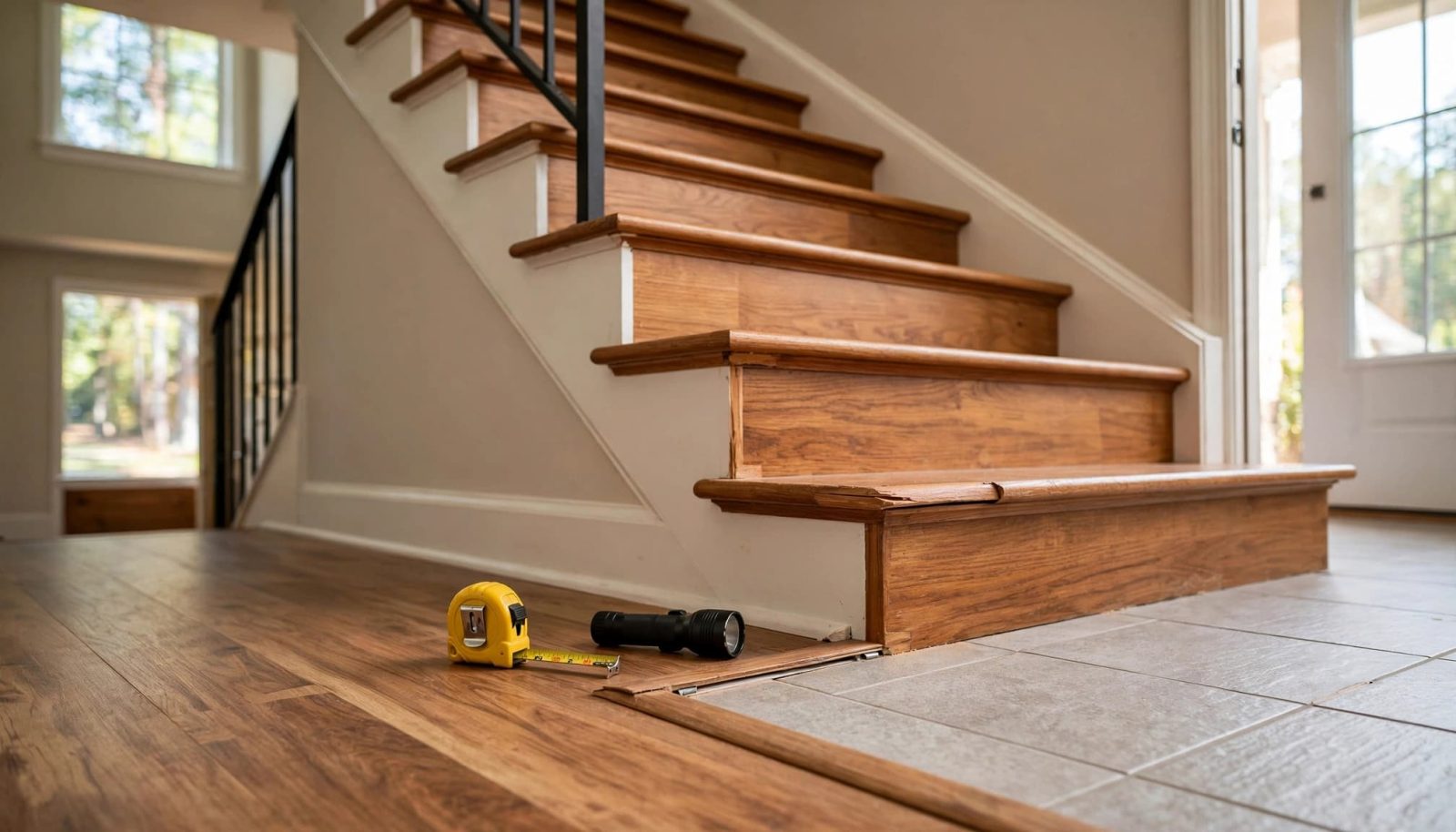 Foyer stairs meet a tile floor, with a raised nosing, tape measure, and flashlight nearby.