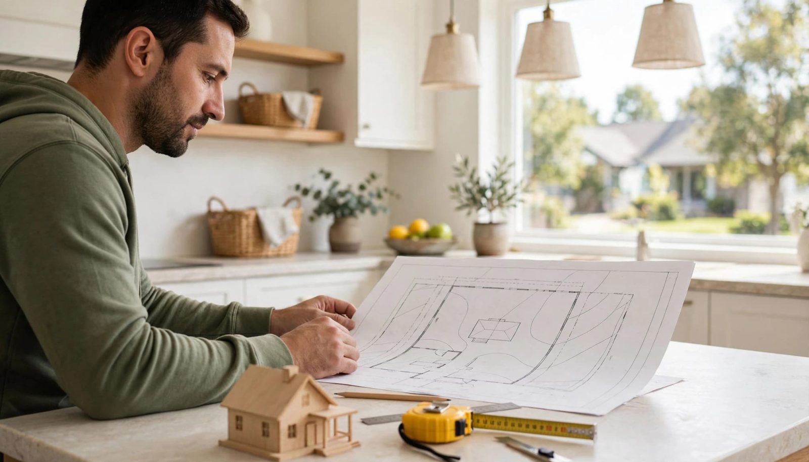 Homeowner reviewing a site plan beside a tape measure and small house model.