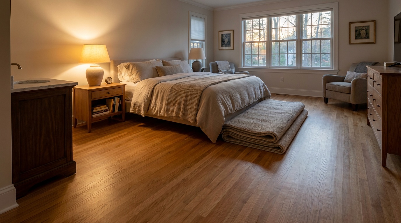 Refinished hardwood bedroom floor with warm matte grain and evening lamp light