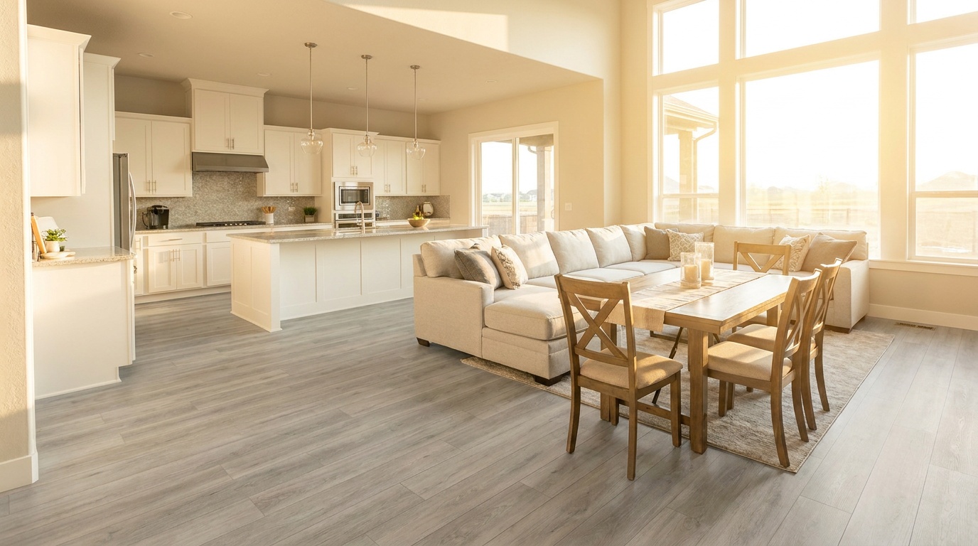 Open living and kitchen space with light LVP plank flooring installed room by room