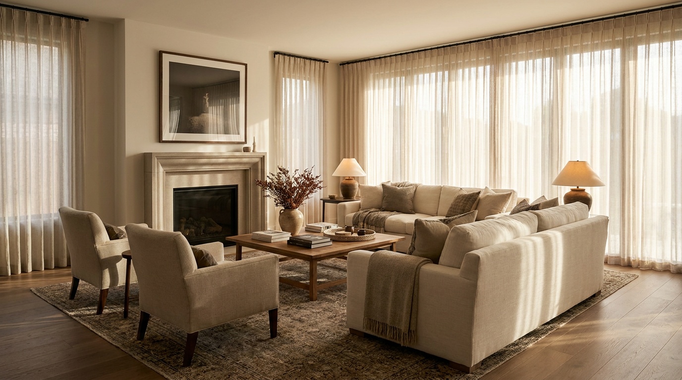 A warm, elegant living room with medium-tone matte hardwood flooring showing subtle grain, a sofa, area rug, and soft afterno