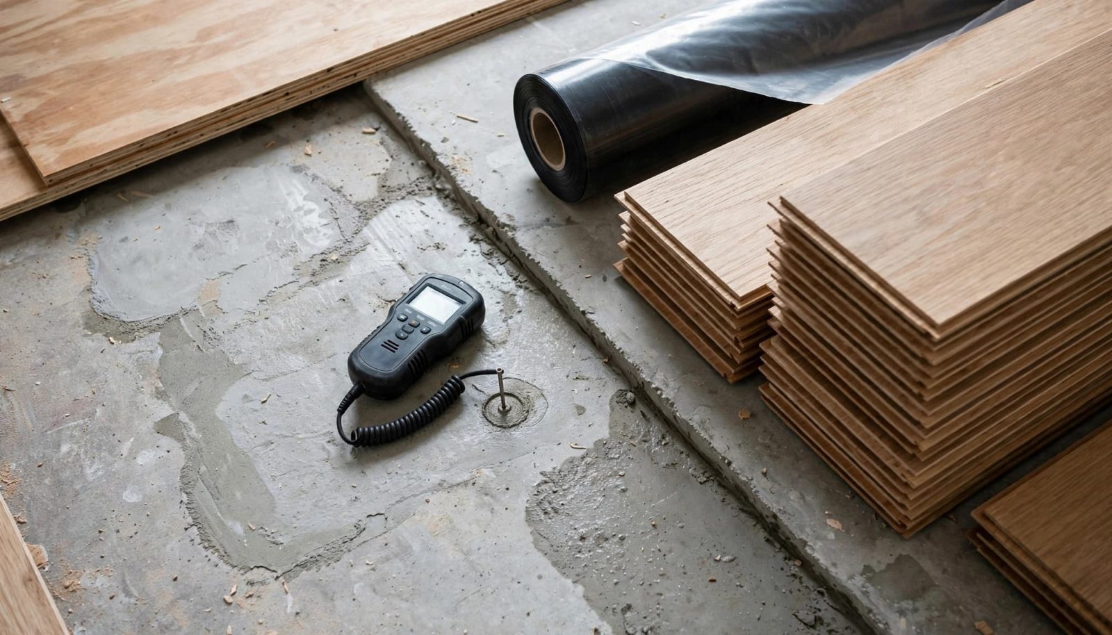 Moisture meter on a concrete slab beside wood flooring and protective materials.
