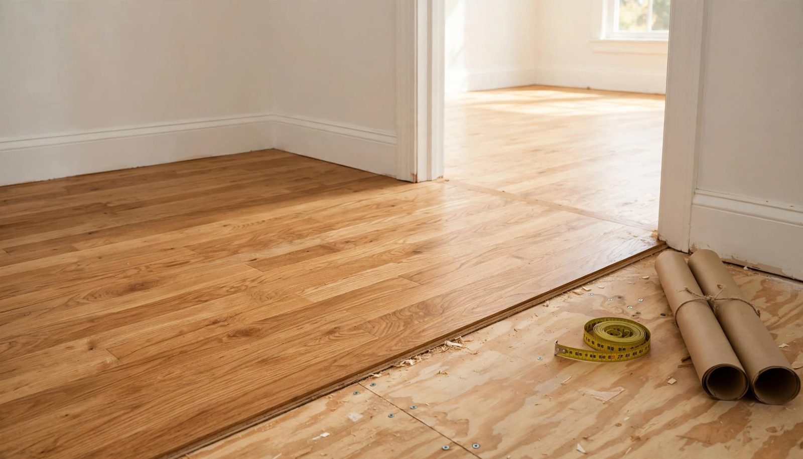 Oak flooring meets a repaired subfloor beside a measuring tape and rolled plans.