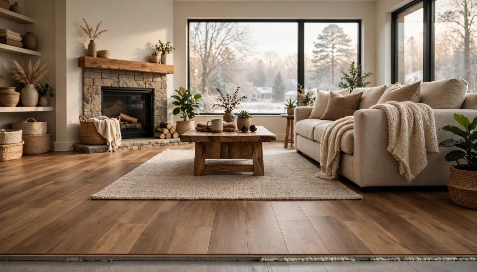 Warm living room with engineered hardwood floors, a wool rug, and soft morning light.