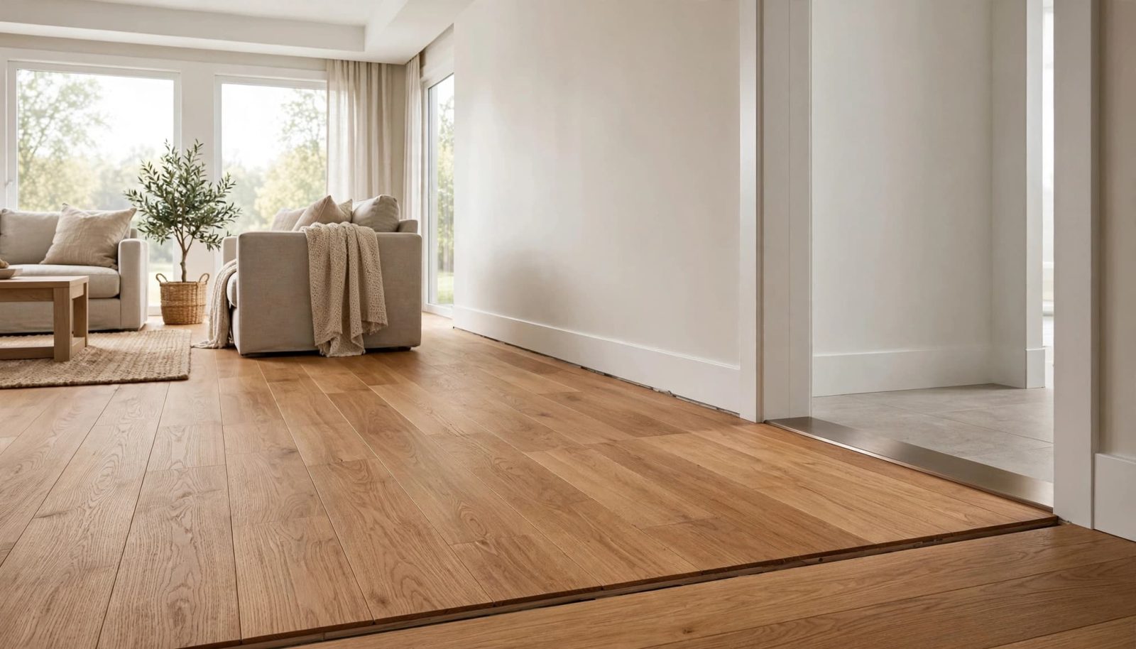 Warm oak flooring installed across a bright open living room.