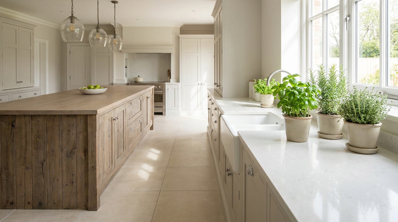 Porcelain kitchen floor tile with neutral gray grout lines in a sunlit Forsyth County kitchen