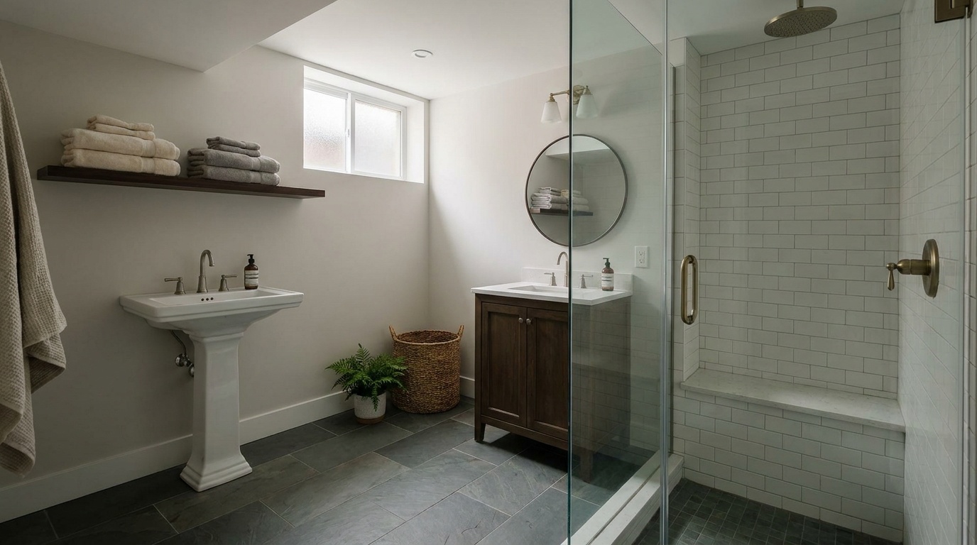 Basement bathroom tile floor near an exterior wall where grout cracking often starts