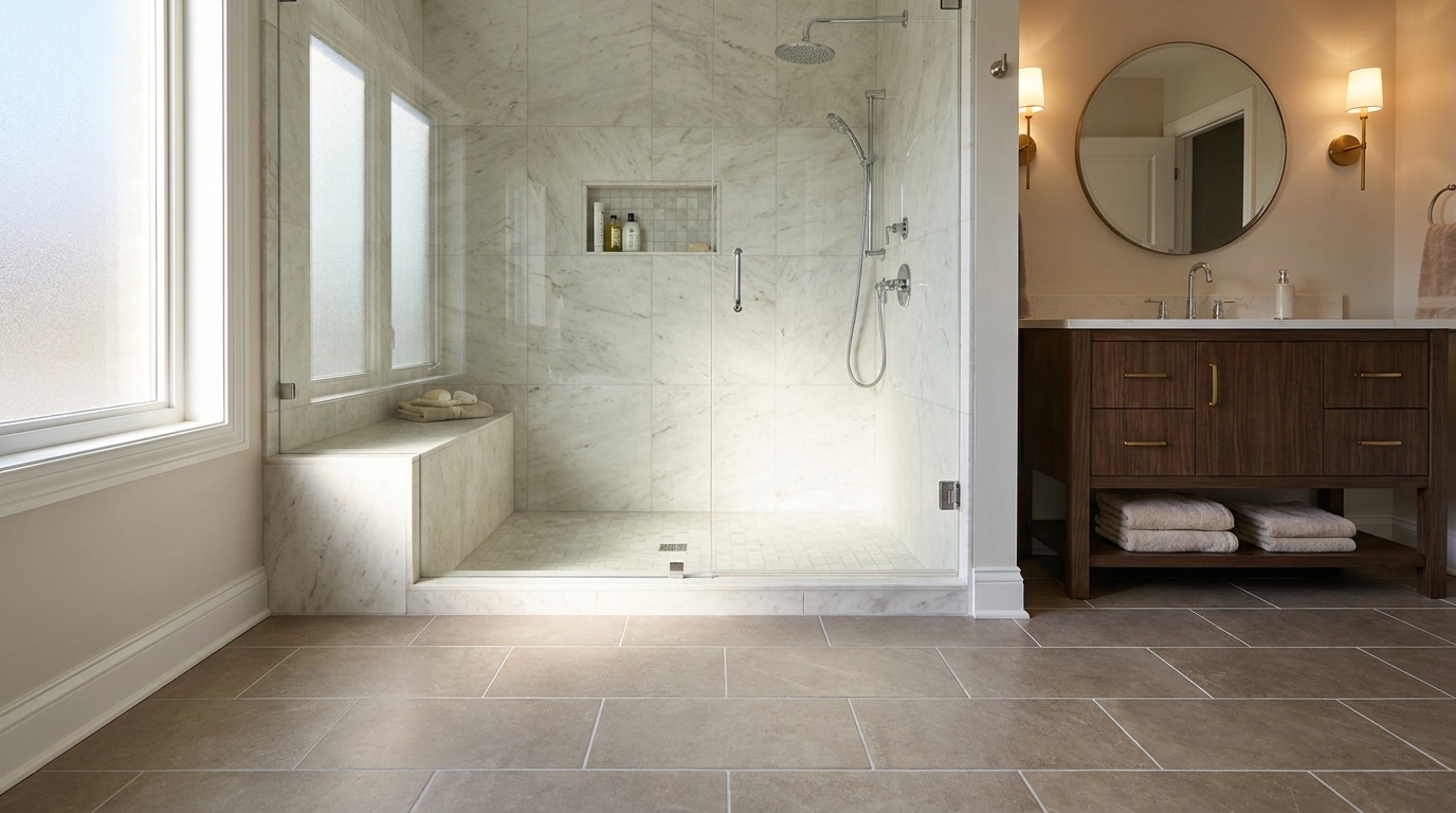 A finished bathroom with a walk-in shower featuring a rain showerhead, chrome control valve, and a tiled shampoo niche, plus